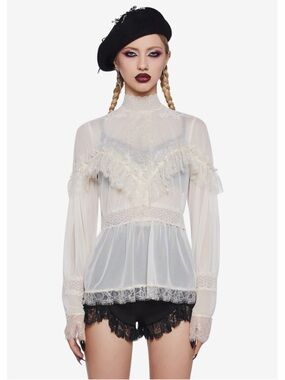 Widow Dollskill Top Womens Small Ivory Sheer Mesh Lace Victorian Gothic Feminine